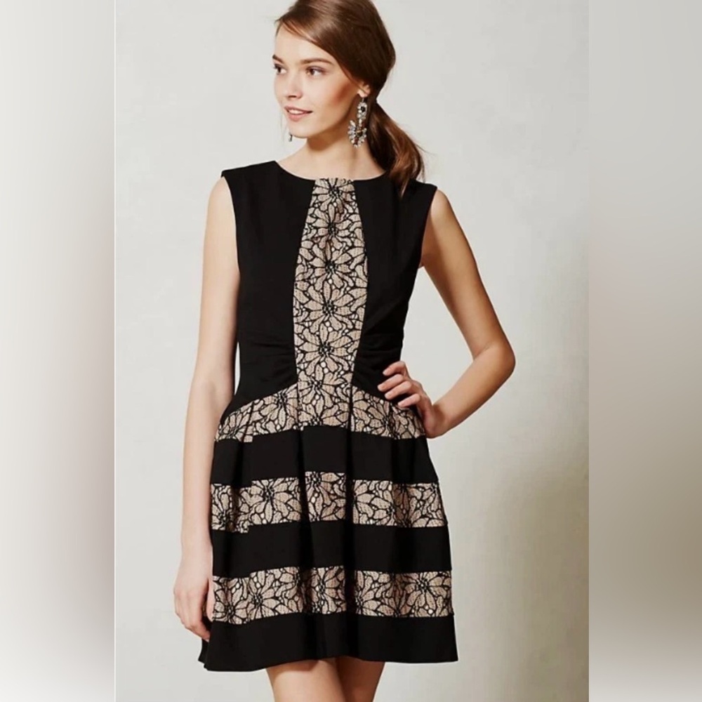 Anthropologie Eva Franco Strata Dress Black Lace Floral Fit Flare Womens Size 2